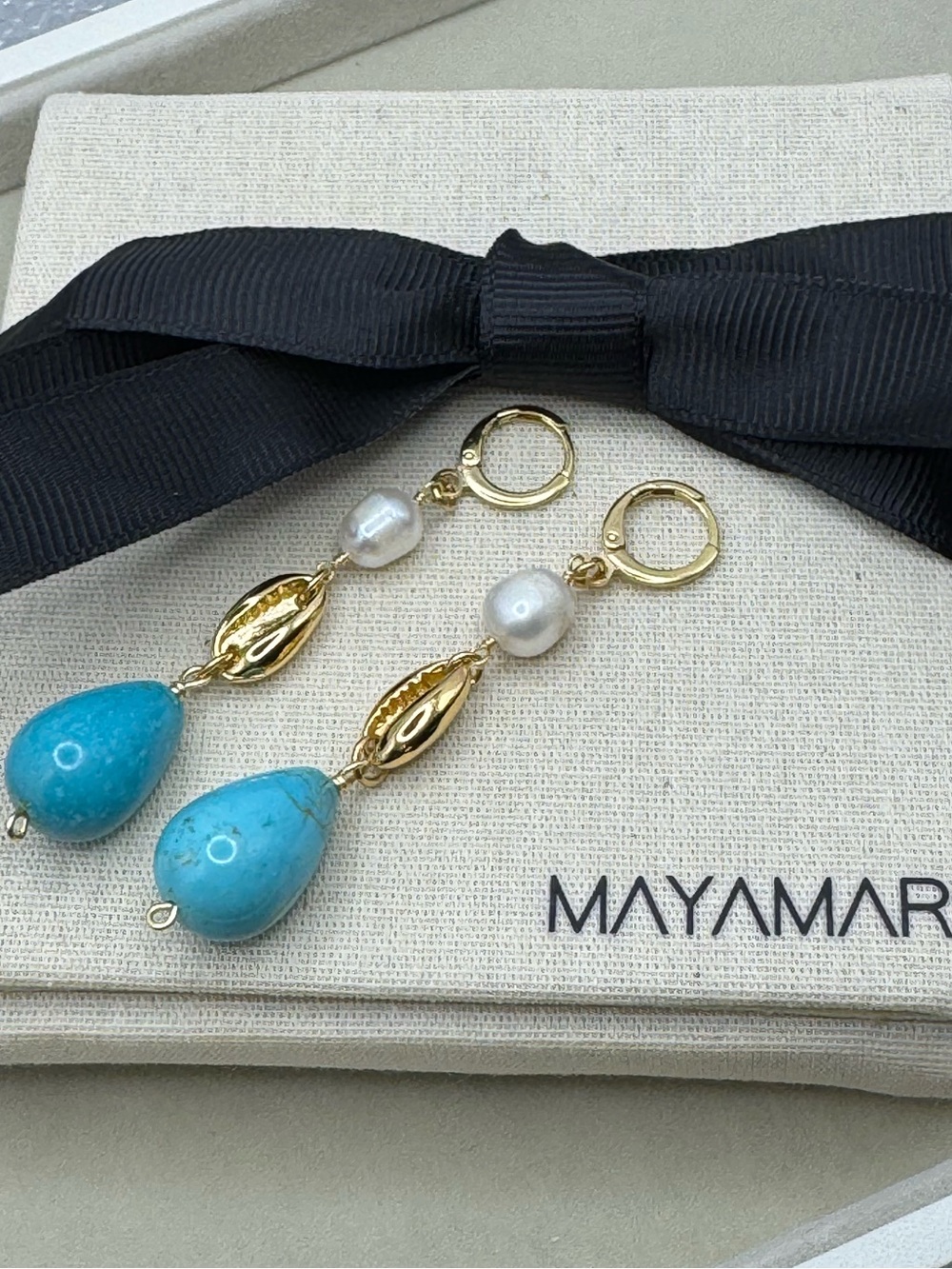 NEW Mayamar Turquoise Shell Pearl Dangle Earrings 24 KT Gold Plated